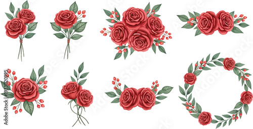 Collection of red rose bouquets and wreaths with green leaves and floral arrangements
