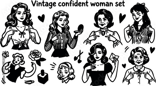 Retro 1950s style confident woman vector set showing varied poses gestures expressions close up and mid shot black and white