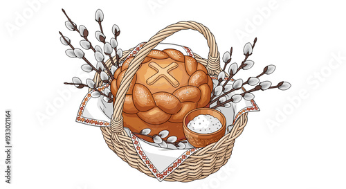 A blessing basket containing Easter bread, salt, and lush, blossoming pussy willow branches. Vector illustration.