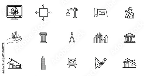 Construction and Architecture Outline Icon Set – Building, Crane, Blueprint, Factory and Infrastructure Linear Vector Collection