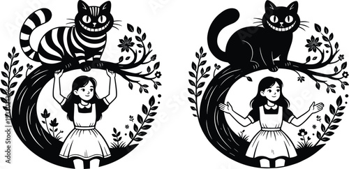 Alice in Wonderland inspired vector illustration, whimsical black and white silhouettes of girl and Cheshire cat, floral circular frame artwork, fantasy story design composition