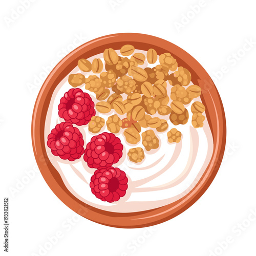 The small ceramic bowl shown above is filled with creamy yogurt. Topped with a generous dollop of crunchy granola and a few whole raspberries.