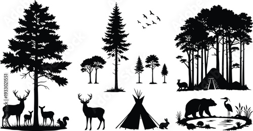 Black and white forest landscape with trees animals and tent in wilderness setting