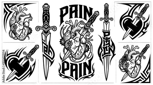 Gothic tattoo flash set with anatomical hearts and ornate daggers vector illustration
