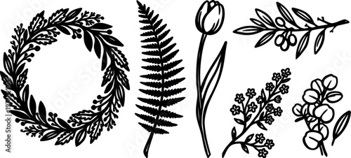 Hand drawn botanical vector wreath and floral elements with tulip fern branch sprig isolated black line art digital ink outline