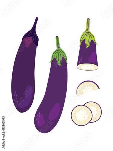 Illustration of purple eggplants and slices