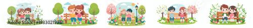 vector of children sitting happily on a park bench in spring