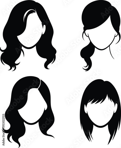 Collection of four distinct female hairstyles represented as minimalist black silhouettes against a white background