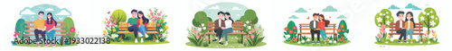 vector of a young couple sitting happily on a park bench in spring
