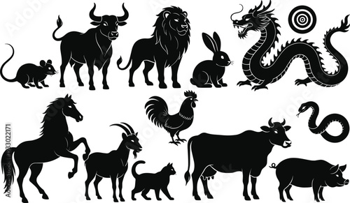 Black silhouette illustration of twelve zodiac animals arranged in rows, Chinese astrology symbols, traditional horoscope vector design for cultural themes