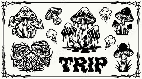 Psychedelic mushroom flash sheet with melting drips and thorns black and white vector illustration