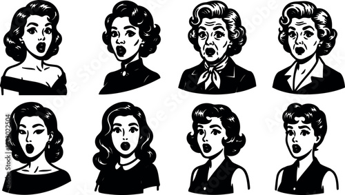 Retro cartoon fifties surprised women busts set vector art close up varied ages expressions black and white frontal three quarter