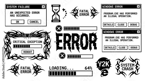 Retro computer error windows with tribal graphics and glitch elements vector illustration
