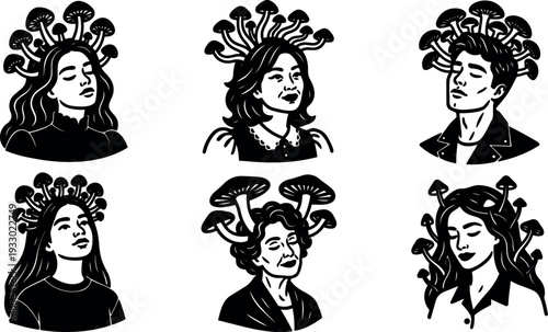 Tattoo flash portrait series six mushroom crown human busts in black and white vector line art close up serene expressions