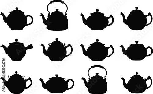 Black silhouette vector illustration of twelve diverse teapots arranged in grid, unique spout, handle, lid designs, traditional kitchenware, artistic cultural collection