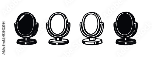 Elegant Table Mirror Icons Set. Ornate Oval Vanity Mirror Silhouette and Outline Vector Graphics.
