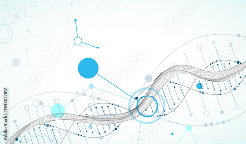 Abstract image of DNA molecule on wireframe wave. Scientific vector background.