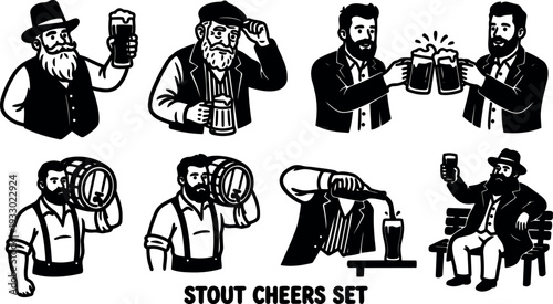 Tattoo flash stout brewery men clinking mugs pouring beer bottle carrying barrel bearded men sitting on bench vintage black white