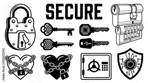 Security icon set with padlocks keys and safe box black and white vector illustration