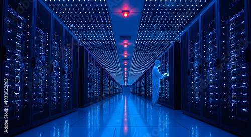 A person in a cleanroom suit working in a vast, blue-lit server room filled with rows of data racks and blinking lights.