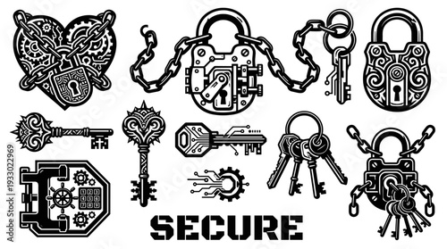 Security icon set with padlocks keys and vault door black and white vector illustration