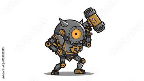 Stylized Steampunk Robot Character with Massive Hammer -  Game Boss Sprite for Fantasy RPG