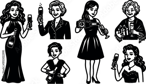Retro engraving style women toasting with champagne bottles and flutes diverse ages close up celebration elegant vintage party smiling scene