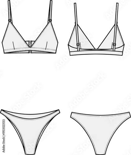 CAD drawing flat vector illustration, lingerie fashion sketch, bra and panties design, technical garment artwork, clothing silhouette icon, apparel pattern graphic