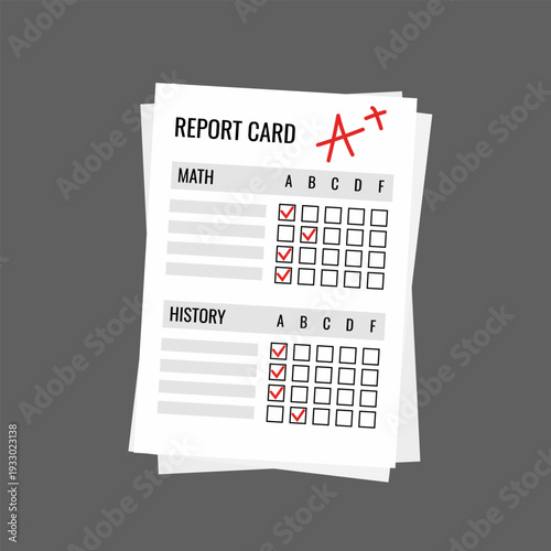 School report card with A+ grade. Academic excellence and student achievement vector for education-themed blogs, school success stories, tutoring advertisements, and academic achievement infographics