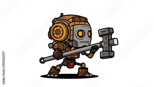 Stylized Steampunk Robot Character with Massive Hammer -  Game Boss Sprite for Fantasy RPG