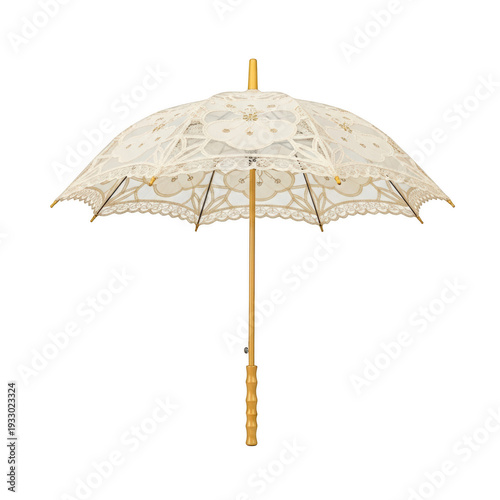 A white lace parasol with a wooden handle isolated on transparent background