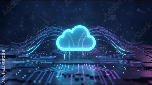 Cloud computing data storage cloud icon glowing above a microchip with flowing light trails that visualize secure data transfer and scalable digital infrastructure.