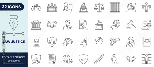 Law and justice outline icon collection with smooth curves and consistent line weight. Suitable for legal services and court-related concepts. Fully editable stroke vector.