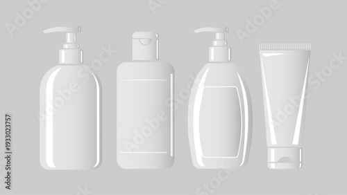 Clean white cosmetic packaging mockup set featuring pump bottles and squeeze tube