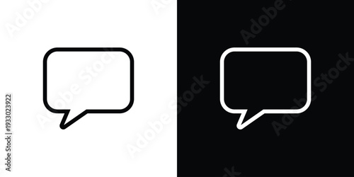 Simple outline speech bubble icon in black and white versions. Minimalist vector symbol for messaging, notifications, comments, and digital communication interface elements for apps.