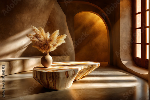 Salon minimaliste ensoleillé. Canapé et table sculpturale en travertin devant un mur en plâtre beige. Ombres portées, vase en céramique et herbe de pampa. Design contemporain