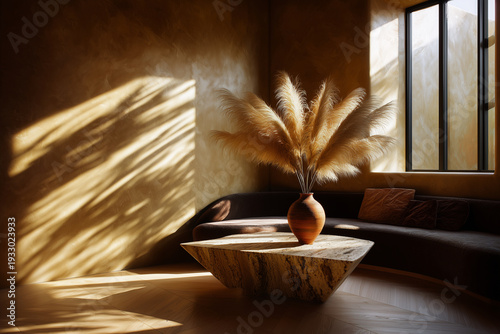 Salon minimaliste ensoleillé. Canapé et table sculpturale en travertin devant un mur en plâtre beige. Ombres portées, vase en céramique et herbe de pampa. Design contemporain