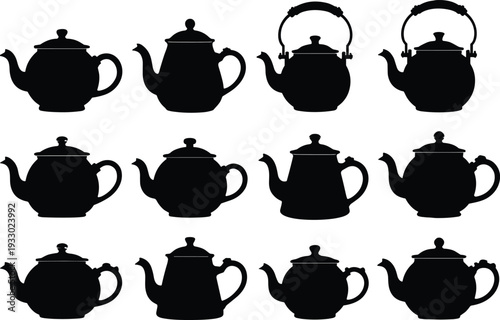 Black silhouette vector illustration set of twelve unique teapots, traditional kettle designs, rustic tea serving pots, vintage kitchenware collection, decorative elements