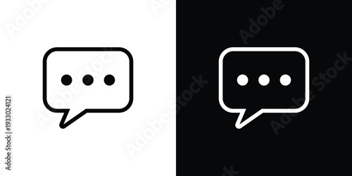 Simple outline speech bubble icon in black and white versions. Minimalist vector symbol for messaging, notifications, comments, and digital communication interface elements for apps.
