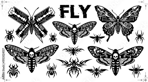 Biomechanical cyberpunk insect collection with moths and skulls black vector illustration