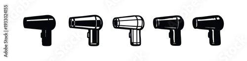 Collection of stylized hair dryer vector icons with different details and shapes.
