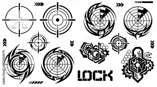 Black futuristic HUD crosshairs and target reticle icons set isolated on white vector illustration