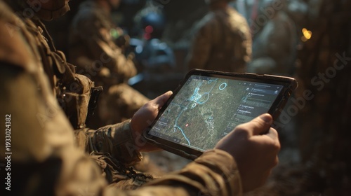 Soldier holding tablet with map display