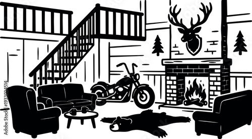 Line art rustic cabin interior with parked motorcycle and bear rug by fireplace mounted deer head wooden staircase cozy lounge
