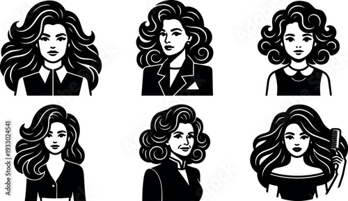 Retro vector portrait icons set six female faces with flowing hair varied expressions comb prop blazer profile close up studio