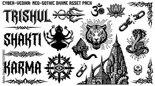 Black neo-gothic Hindu spiritual symbols and cyberpunk icons set isolated on white background vector illustration