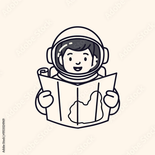 A cartoon astronaut smiles while studying a map of a geographical location. The art is outlined with a black color on a cream background