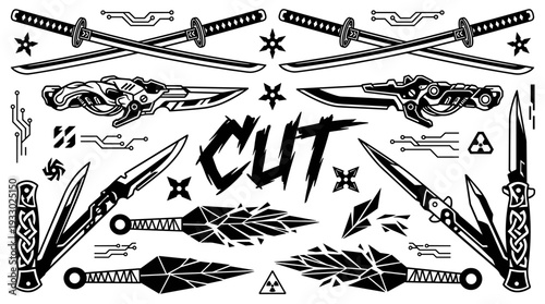 Cyberpunk bladed weapons collection with katanas and kunai knives vector illustration