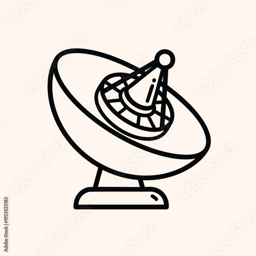 A black and white line drawing of a satellite dish, an antenna, set on a beige background. It looks like it is receiving or sending signals