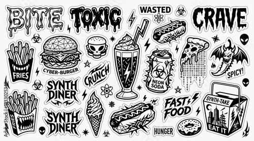 Cyberpunk dystopian fast food sticker set featuring monster snacks and gothic typography vector illustration